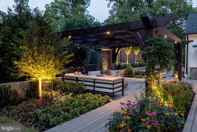 exterior space with outdoor lounge area and a pergola