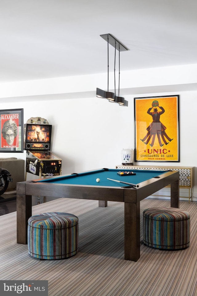 recreation room with pool table and carpet