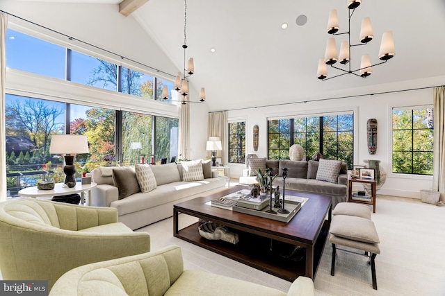 living room featuring high vaulted ceiling, light colored carpet, beam ceiling, and an inviting chandelier