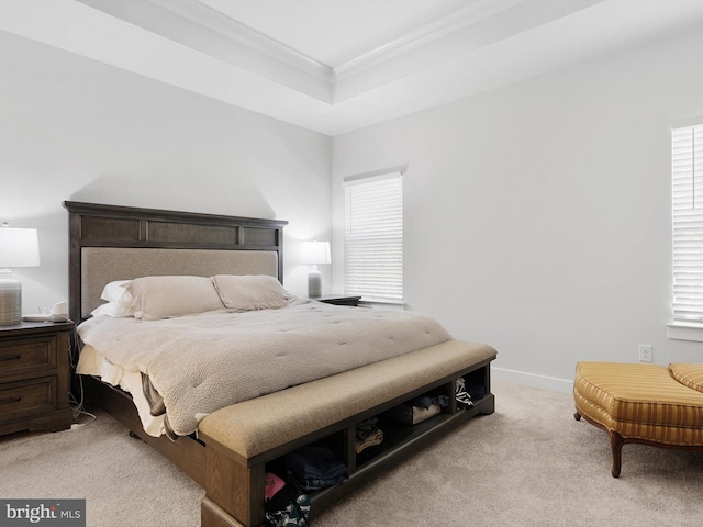 carpeted bedroom with a raised ceiling and ornamental molding