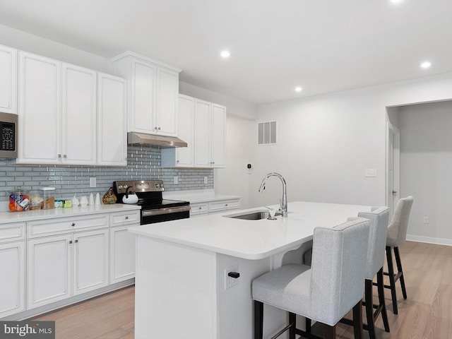 kitchen with white cabinets, stainless steel appliances, sink, and a kitchen island with sink