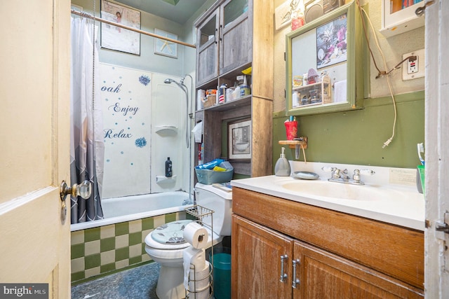 full bathroom with vanity, toilet, and shower / bathtub combination with curtain