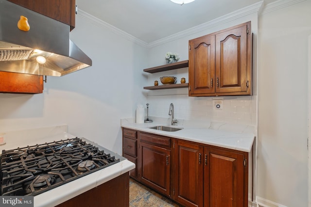 kitchen featuring exhaust hood, a sink, tasteful backsplash, light countertops, and ornamental molding