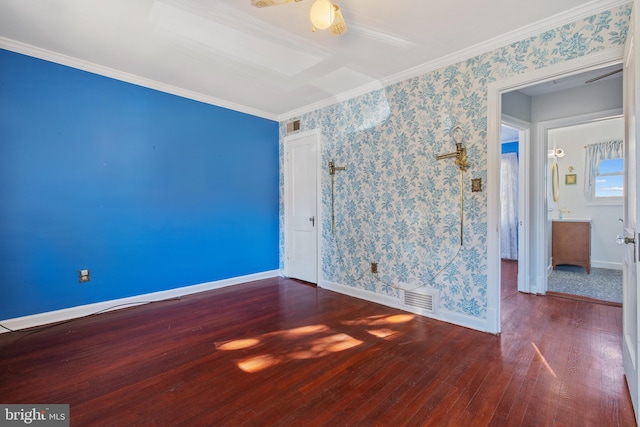 unfurnished room featuring ornamental molding, ceiling fan, and dark hardwood / wood-style flooring