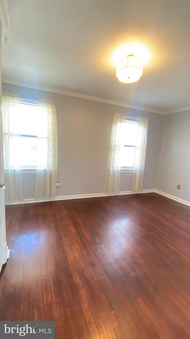 empty room with baseboards, crown molding, and wood-type flooring