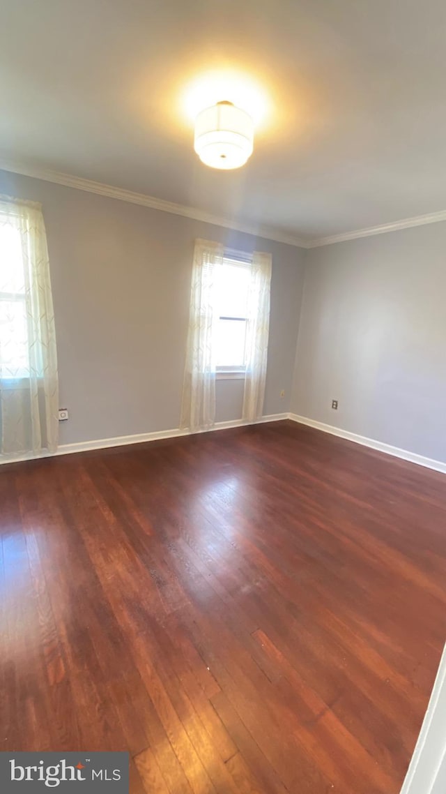 spare room with baseboards, crown molding, and dark wood-type flooring