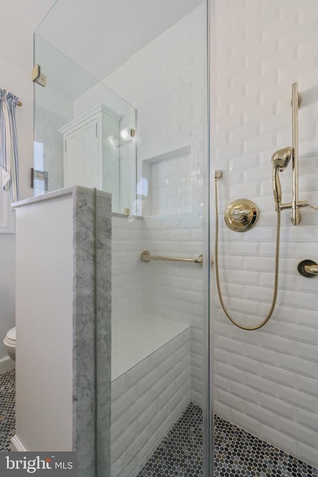 bathroom featuring toilet, tile patterned floors, and walk in shower