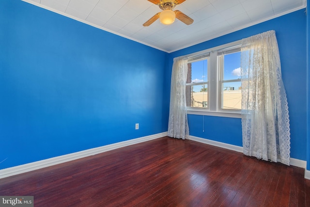 unfurnished room featuring ornamental molding, hardwood / wood-style floors, and ceiling fan