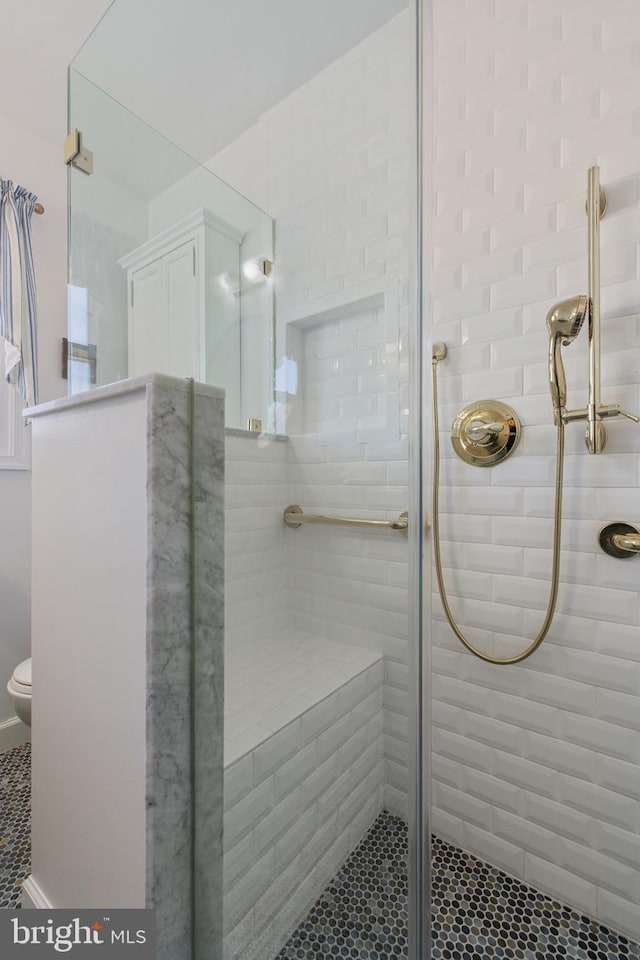 bathroom featuring toilet, a tile shower, and tile patterned flooring