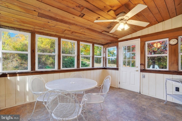 unfurnished sunroom with lofted ceiling, a healthy amount of sunlight, and wooden ceiling