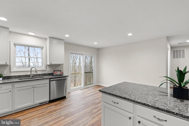 kitchen with white cabinets, stainless steel dishwasher, and sink