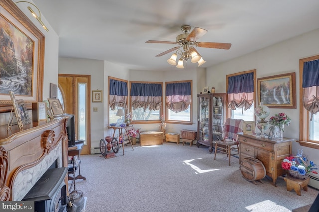 miscellaneous room with carpet and ceiling fan