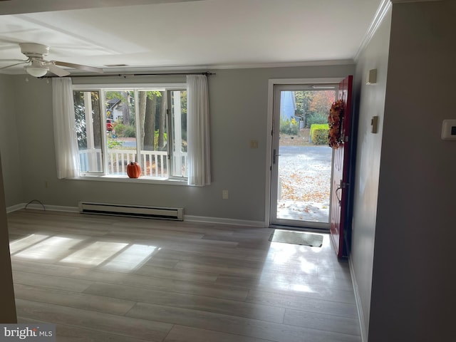 entrance foyer featuring a baseboard radiator, light hardwood / wood-style flooring, and a healthy amount of sunlight