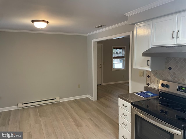 kitchen with a baseboard heating unit, light hardwood / wood-style flooring, stainless steel electric range, white cabinets, and tasteful backsplash