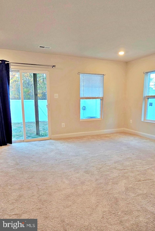 unfurnished room with a healthy amount of sunlight and light carpet