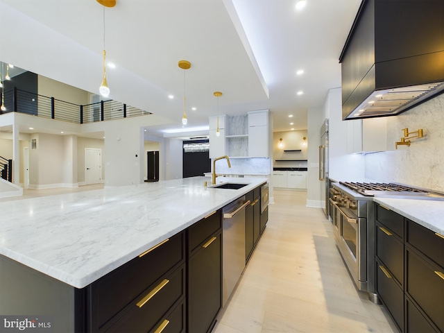 5005 Ravensworth Rd, Annandale, VA 22003 - kitchen with stainless steel appliances, a sink, premium range hood, open floor plan, and recessed lighting