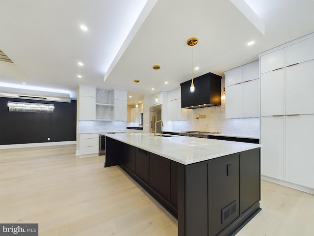 5005 Ravensworth Rd, Annandale, VA 22003 - kitchen featuring open shelves, modern cabinets, decorative backsplash, custom range hood, and recessed lighting