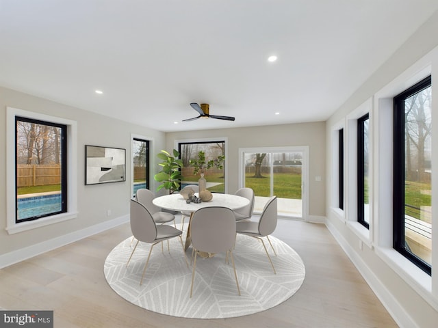 5005 Ravensworth Rd, Annandale, VA 22003 - dining room featuring baseboards, light wood-type flooring, recessed lighting, and ceiling fan