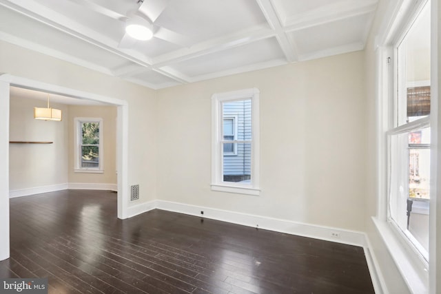 empty room featuring dark hardwood / wood-style floors, beamed ceiling, coffered ceiling, and ceiling fan