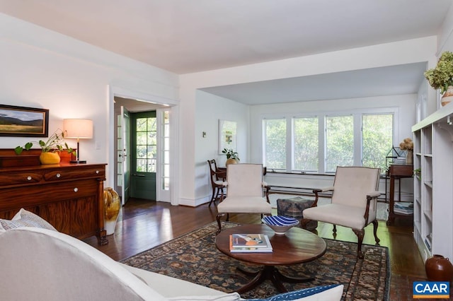 living room with dark hardwood / wood-style flooring