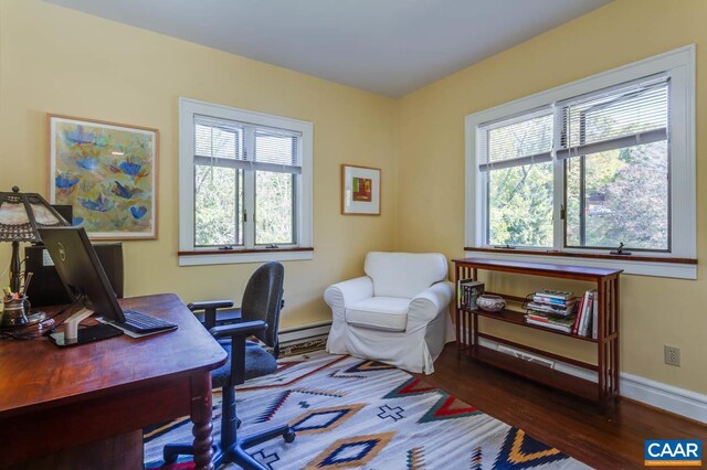 home office with a baseboard radiator and dark hardwood / wood-style floors