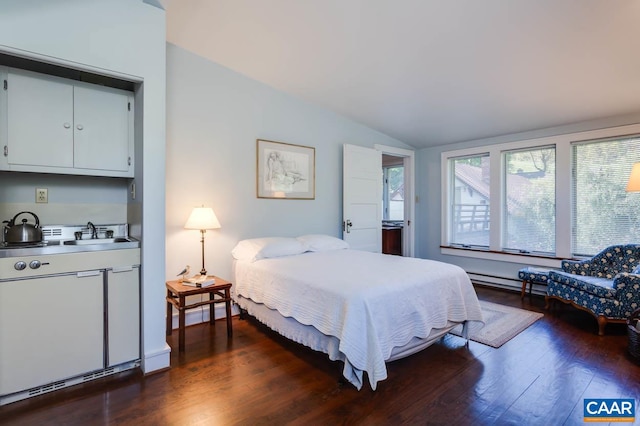 bedroom featuring sink, vaulted ceiling, dark hardwood / wood-style flooring, and baseboard heating