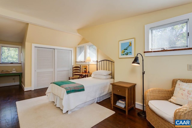 bedroom featuring multiple windows, a closet, and dark hardwood / wood-style flooring