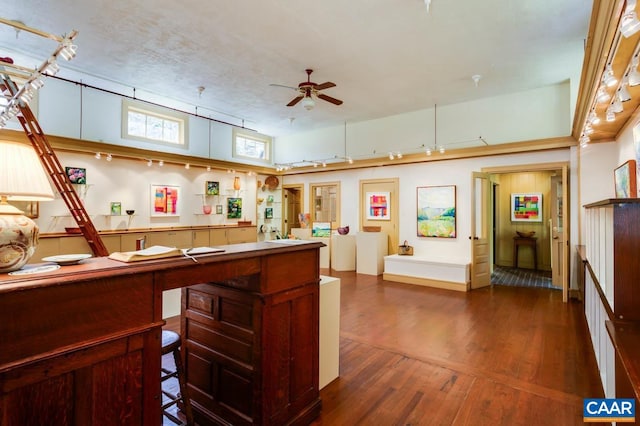 office featuring dark wood-type flooring and ceiling fan