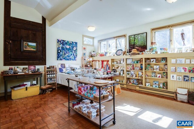 game room featuring a healthy amount of sunlight, lofted ceiling, a baseboard radiator, and dark parquet flooring