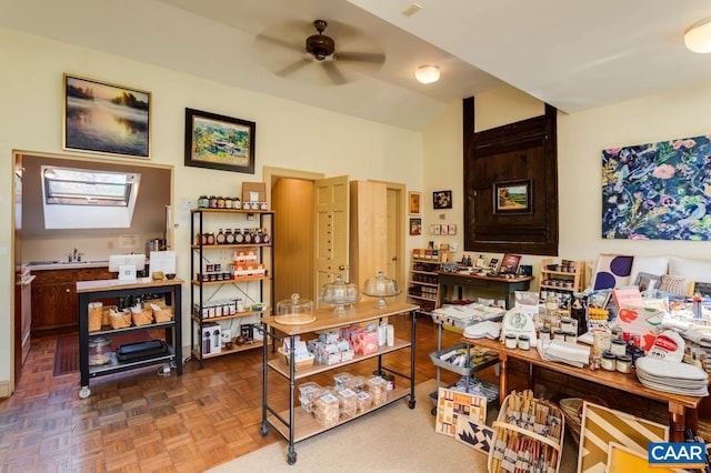 misc room featuring dark parquet flooring, a skylight, and ceiling fan