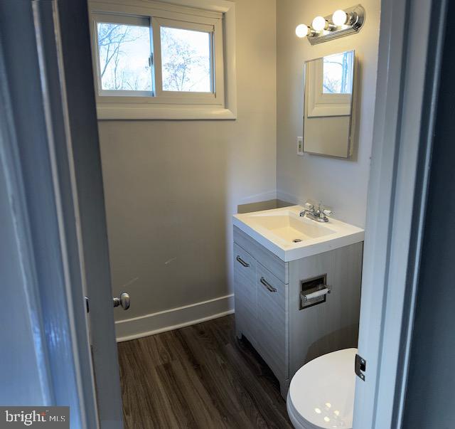 bathroom with vanity, wood-type flooring, and toilet