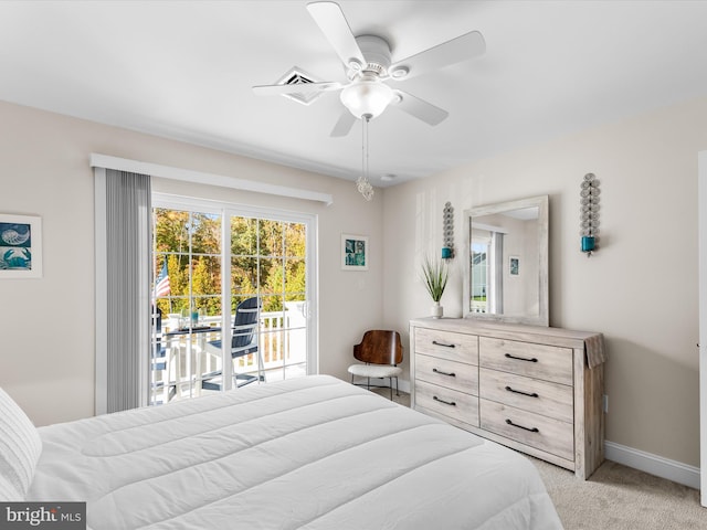 bedroom with access to exterior, light carpet, and ceiling fan