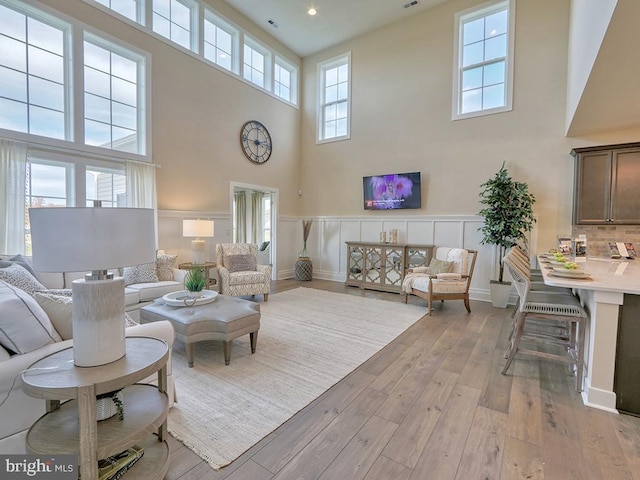 living room featuring light hardwood / wood-style floors and a high ceiling