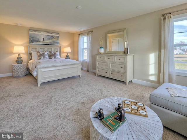 bedroom featuring multiple windows and light carpet