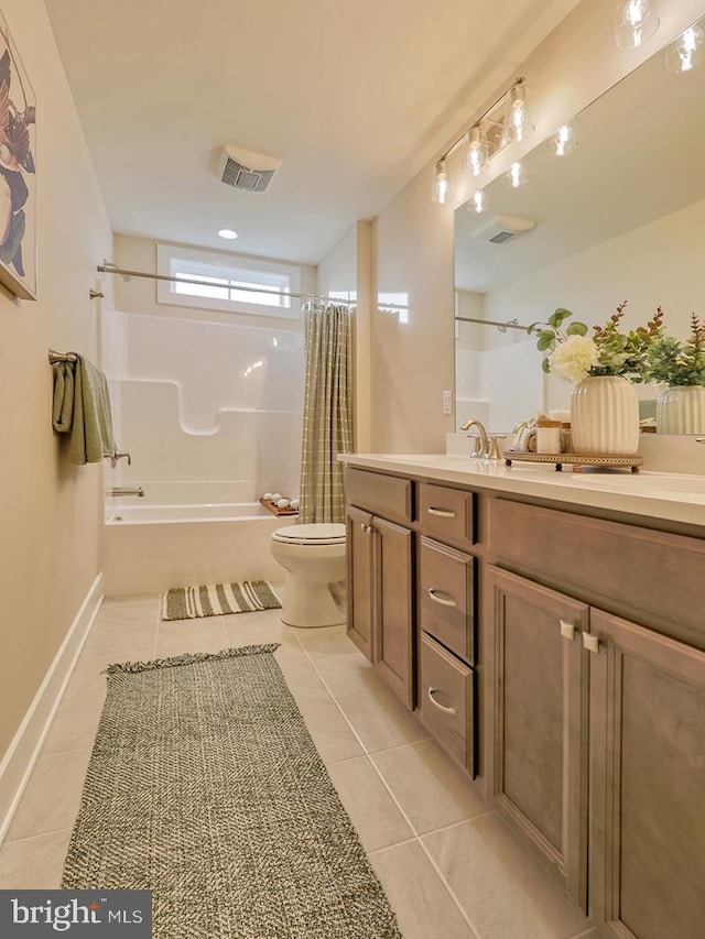 full bathroom with toilet, vanity, tile patterned floors, and shower / bathtub combination with curtain