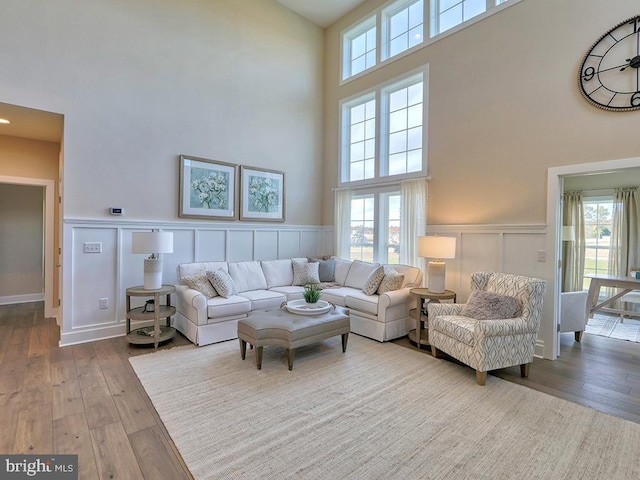 living room featuring a high ceiling and light wood-type flooring