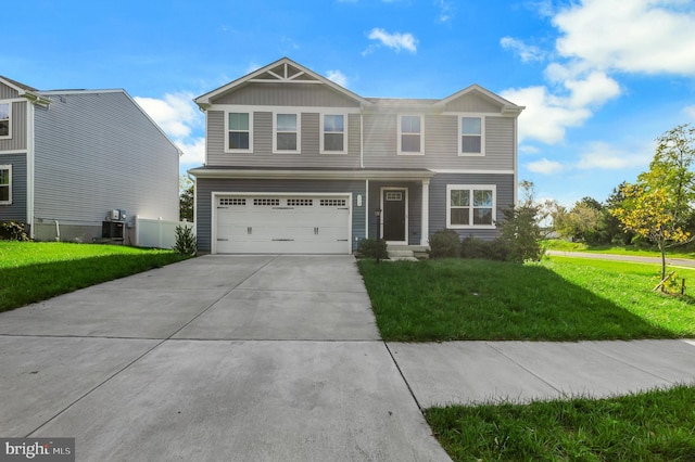 view of front of home featuring a garage, a front lawn, and central air condition unit