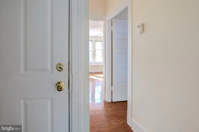 corridor featuring light hardwood / wood-style floors and radiator heating unit