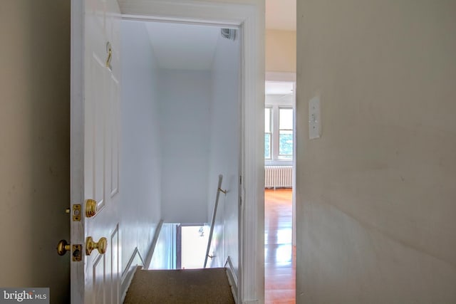 hall with radiator and hardwood / wood-style floors