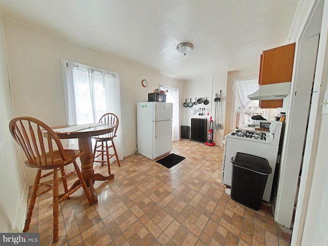 kitchen with ventilation hood and white appliances