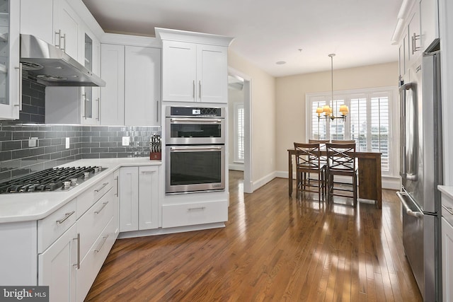 kitchen featuring tasteful backsplash, white cabinetry, stainless steel appliances, dark wood-type flooring, and wall chimney exhaust hood