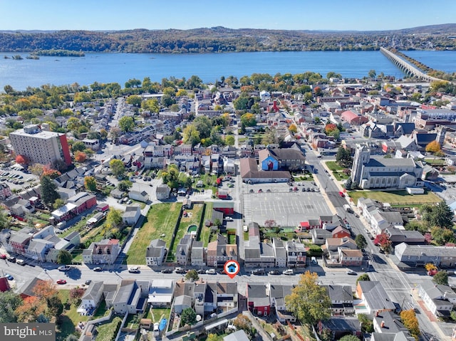 drone / aerial view featuring a water view