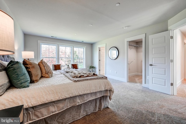 carpeted bedroom featuring a spacious closet and a closet