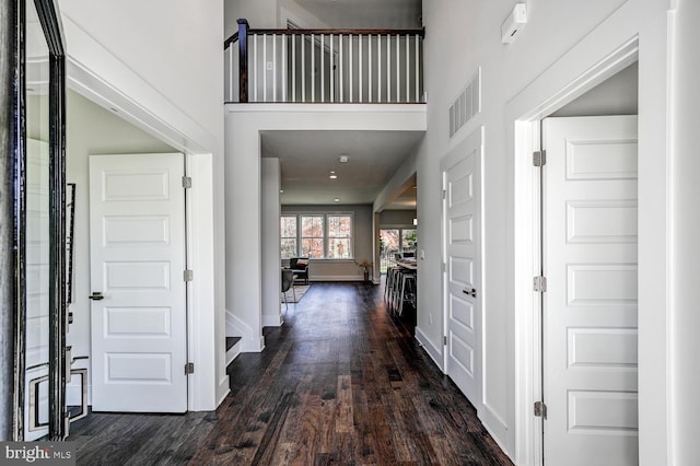 foyer entrance featuring a high ceiling and dark hardwood / wood-style floors