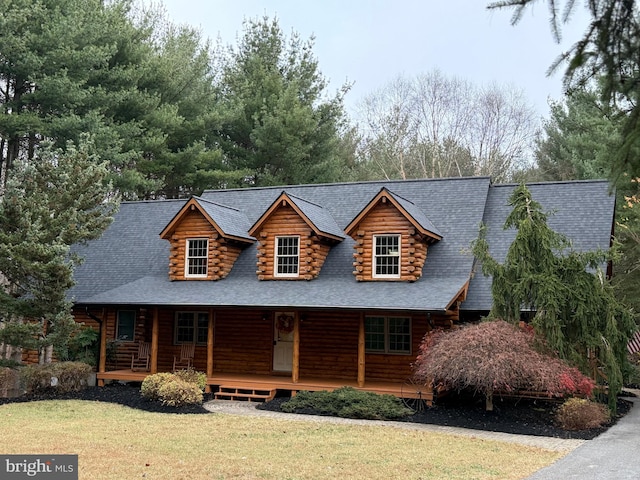 log home featuring a porch and a front lawn