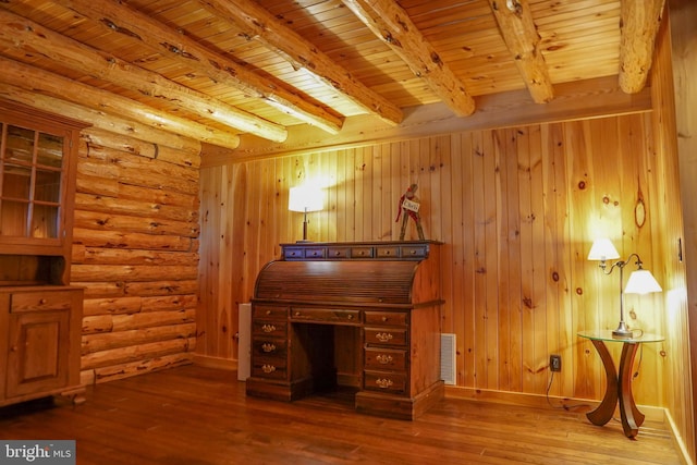 office space featuring beam ceiling, hardwood / wood-style floors, log walls, and wood ceiling