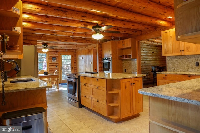 kitchen with backsplash, rustic walls, appliances with stainless steel finishes, beamed ceiling, and light stone counters