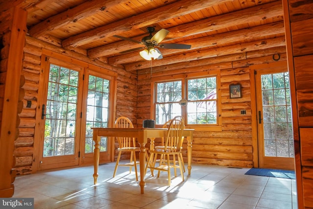 unfurnished dining area featuring beamed ceiling, light tile patterned floors, wooden ceiling, and log walls