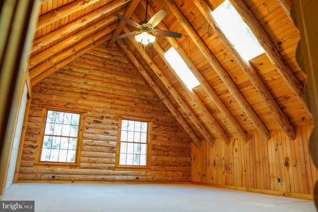 bonus room with vaulted ceiling with beams, ceiling fan, wooden ceiling, and rustic walls