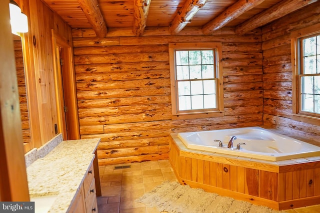 bathroom with beamed ceiling, vanity, wood ceiling, and log walls